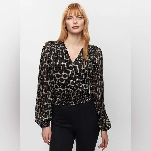 HAVER LONDON Black/Gold Geo Chains VNeck Elastic Cuffs Ruched Waist Blouse - Picture 1 of 7